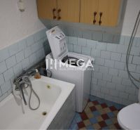A bathroom in a family house with a bathtub, washing machine, and toilet, tiled.