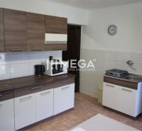 A kitchen in a family house with a wooden decor countertop and tiles.
