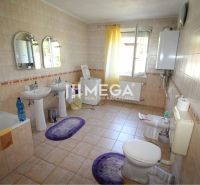 A bathroom in a family house with two sinks, a bathtub, and a washing machine.