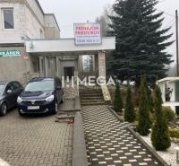 A building on SNP Street in Snina with a parking lot and an advertisement for space rental.