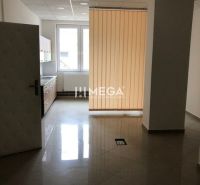 Interior with tiles, kitchen unit, and vertical blinds in the building.