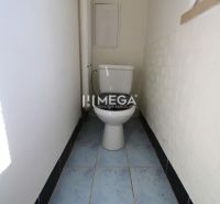 A bathroom in a 3-room apartment with a toilet and blue tiles.