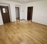An empty room with white walls and a wood-patterned floor in a three-room apartment.
