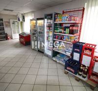 A shop with drinks and groceries in a family house with refrigerators and shelves.