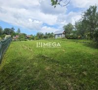 A view of the green gardens in Snina with visible cottages and a blue sky.
