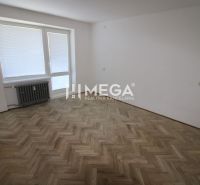 A spacious room in a 2-room apartment with a wooden decor floor and a radiator.