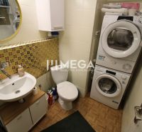 Bathroom in a 2-room apartment with a washing machine and dryer, tiles with a wooden decor.