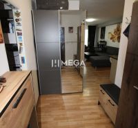 A hallway in a 2-room apartment with a wooden-patterned floor and a built-in wardrobe.