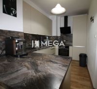 A kitchen in a 2-room apartment with a dark marble decor and a wooden decor floor.