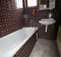 A bathroom in a family house with brown tiles and a bathtub.