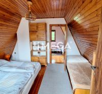 Interior of a cabin with wooden paneling, a double bed, and a single bed.
