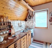 A kitchen in a cabin with wooden decor and shelves full of spices and dishes.