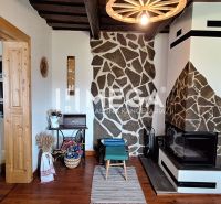 Interior of a family house with a fireplace, stone walls, and a floor with a wooden decor.