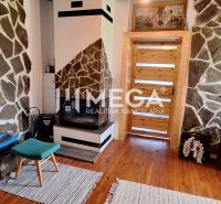 A room in a family house with a fireplace, stone walls, and a floor with a wooden decor.