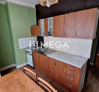 A kitchen in a 2-room apartment with a wooden decor floor and green walls.