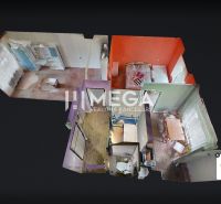 Virtual tour of a 2-room apartment with various colored walls and a wooden decor floor.