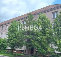 An apartment building on Gorkého Street in Medzilaborce, surrounded by greenery and trees.