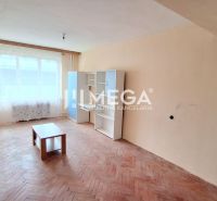 Spacious room, light-colored walls, floor with wood decor, furniture in a 2-room apartment.