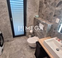 A bathroom in a family house with a washing machine, sink, toilet, and a large mirror.