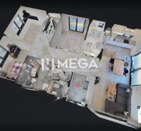 3D view of the layout of a family house with a wooden decor floor.
