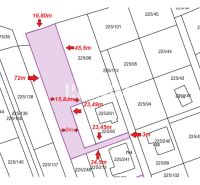 Land map for residential plots in Holčíkovce with precisely defined parcel dimensions.