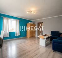 Living room in a family house with a wooden decor floor and a blue wall.
