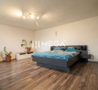 Bedroom with a bed, TV, plants, and a wooden decor floor in a family house.