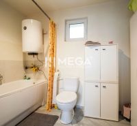 A bathroom in a family house with sanitary equipment and storage cabinets.