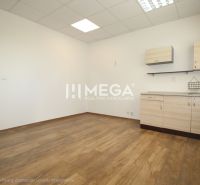 Offices with a kitchenette and flooring with a wood design.
