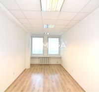 Bright offices with wood-patterned flooring, white walls, and ceiling lights.