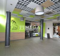 Interior of commercial spaces with decoration and a fast food counter.