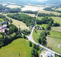 The landscape in the village of Ptičie with residential plots, surrounded by greenery and road communication.