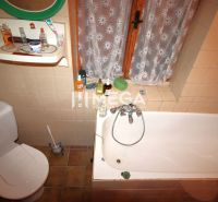 A bathroom in a cabin with a bathtub, a toilet, and a small mirror above a shelf.