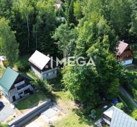 Cottages in Holčíkovce surrounded by forest, gardens, and a road.