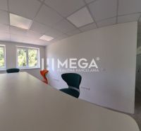 Offices with a conference table and chairs, white wall, windows with a view.