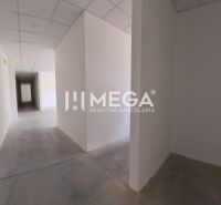 A hallway in an office with white walls, concrete flooring, and a drop ceiling.