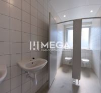Restroom facilities with sinks and toilets in offices, tiles on the walls.