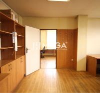 An office with a wooden decor floor, shelves, and desks.