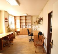 Interior of an office with wood-patterned flooring, simple furniture, and plants.