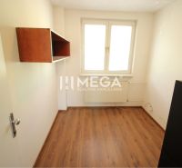 Small office with a wooden decor floor and a storage shelf.