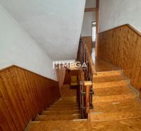 Staircase with railing and cladding in a family house, floor with wood decor.