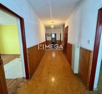 A hallway in a family house with wooden paneling and OSB board flooring.