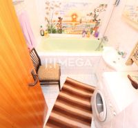 A bathroom in a family house with a green bathtub, a washing machine, and decorative tiles.