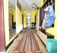 A hallway in a family house with yellow walls, a large mirror, and a long rug.