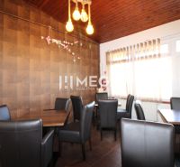 Gastro premises with comfortable chairs and a wooden decor floor.