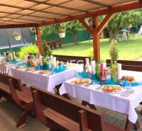 Set tables under the shelter on Budovateľská Street in Vranov nad Topľou, dining areas.