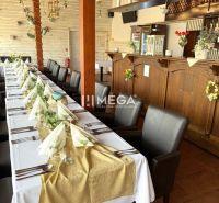 Gastro premises with a decoratively set table and a bar counter with rustic elements.