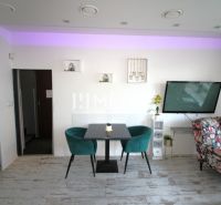 Interior of gastro spaces with wood-decor flooring and comfortable furniture.