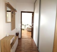 A hallway with a wardrobe in a 4-room apartment with a floor featuring a wooden decor.