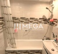A bathroom in a 4-room apartment with a bathtub, shower, and tiles on the walls.